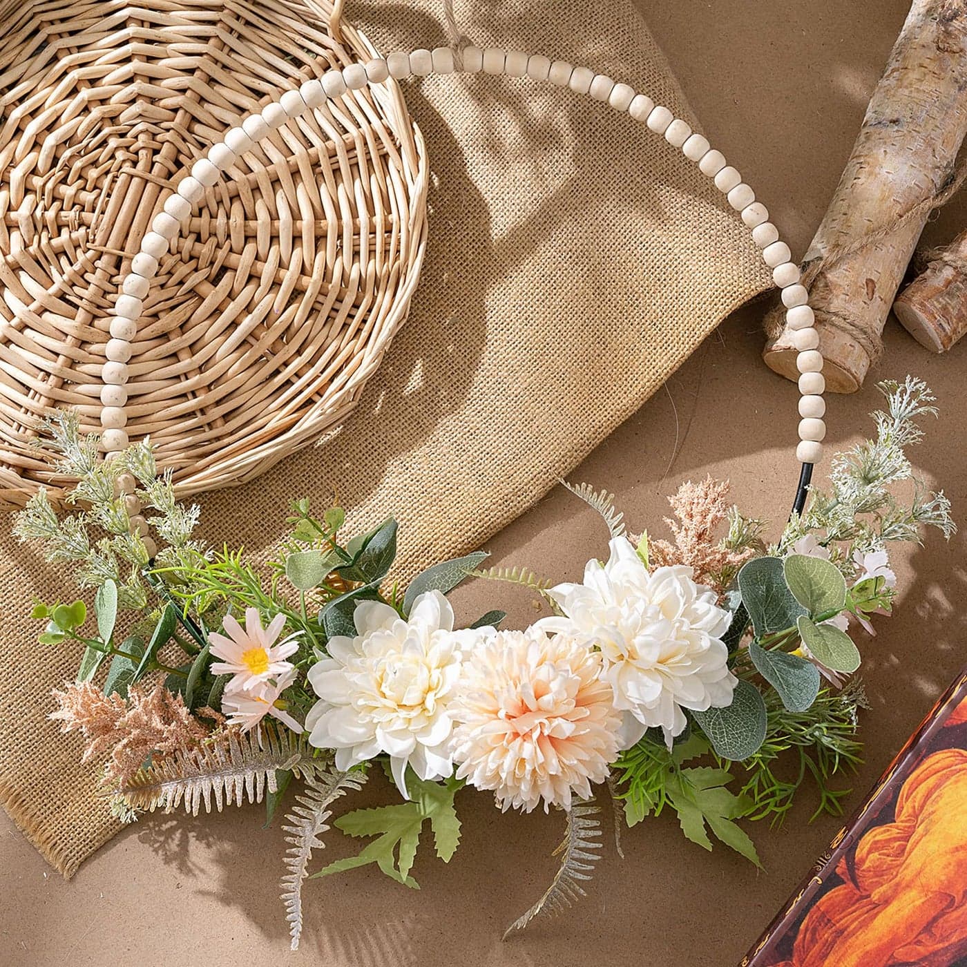 KHOYIME Artificial Flower Wreath for Front Door Floral Hoop Wreath Decor with Wood Beads Milk White Flowers Green Leaves Spring Summer Home Decor Wall Window Wedding Party Hanging Decorations