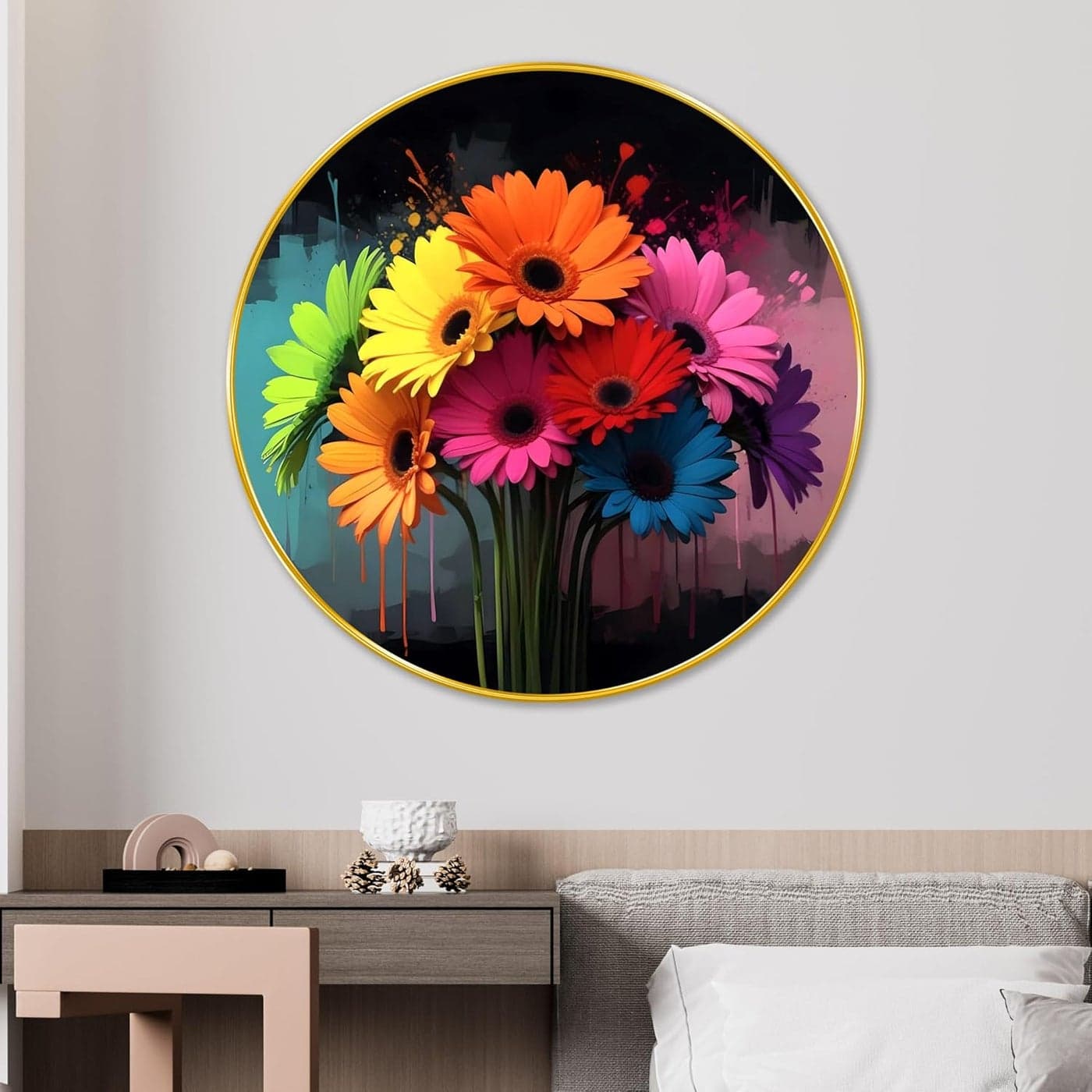 Livinluxe paintings beautiful multicolor flower modern art Premium Sparkle lamination Golden Slim Frame 58 cm x 58 cm Large Size For HomeOfficeHotel painting GR109