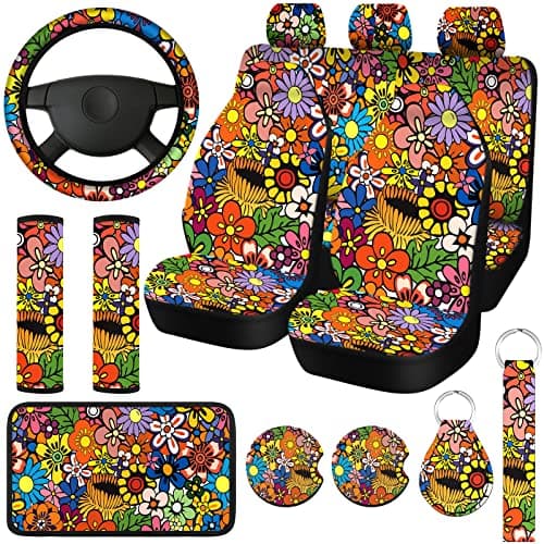 Fiada 15 Pcs Car Seat Covers Full Set Space Cat Car Accessories, Blue Cartoon Cat Seat Covers Steering Wheel Cover Seat Belt Pads Armrest Pad Cup Holders Keychains for Most Truck SUV(Flower)