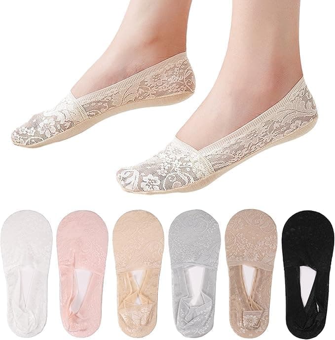 Women No Show Lace Socks Cotton Non-slip Breathable Ankle Socks Invisible Ultra Low Cut Liner Socks with Silicone Strips for Loafers Sneakers and High-heel Shoes (IN, Alpha, Free Size, 3, Multi Color)