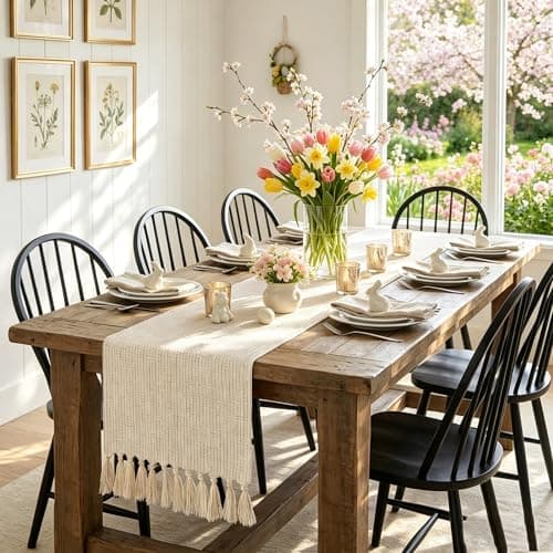 yuboo Boho Table Runner 72 Inches Long, Beige Linen Woven Dresser Runner with Tassels, Farmhouse Coffee Table Runner for Dining Room, Bedroom Dresser, Console Table, Wedding and Holiday Decor