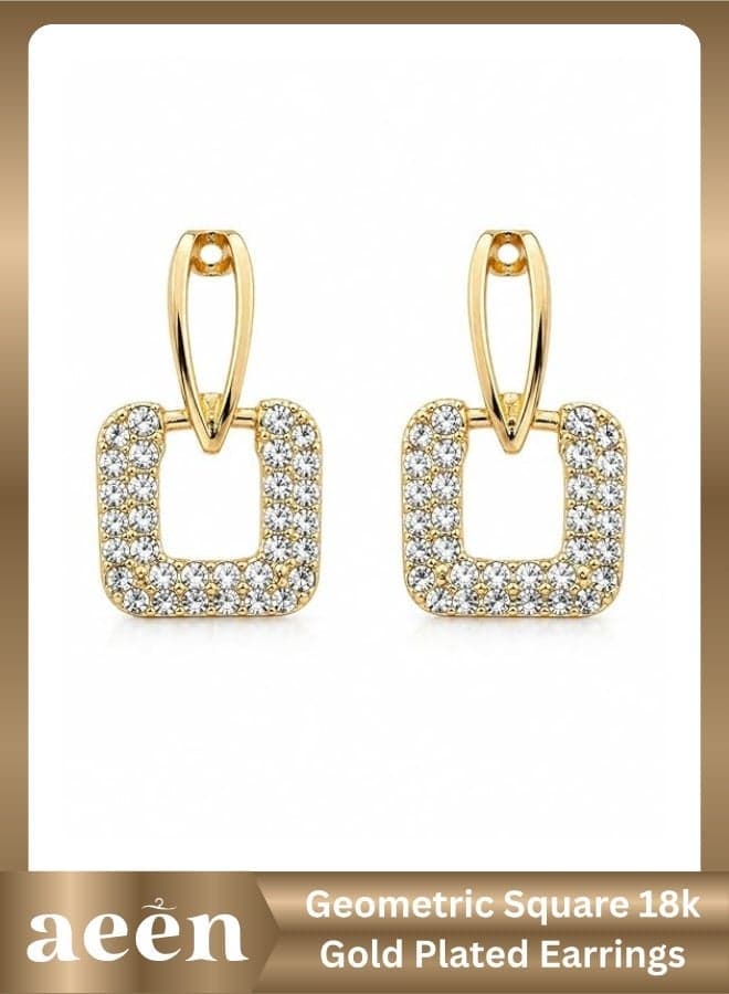 Geometric Square 18k Gold Plated Earrings for Women – Elegant Golden-Tone Alloy Studs with Sparkling Accents, Perfect for Daily Wear, Vacations & Valentine’s Day Gifts