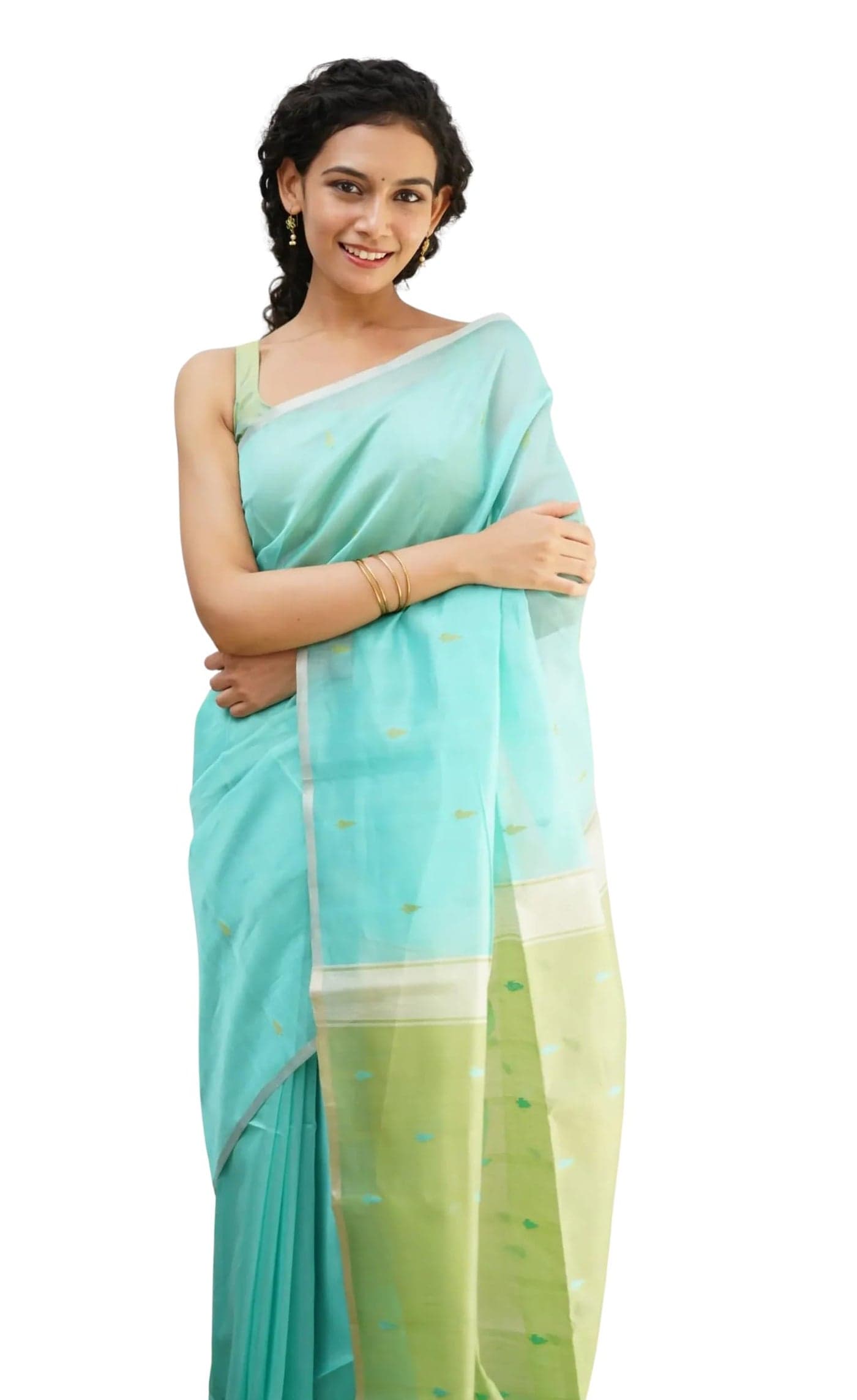 ZECVA Women's Pure Soft Spun Cotton Lichi Silk Saree For Women With Attach Unstitch Blouse Piece (LIGHT BLUE)