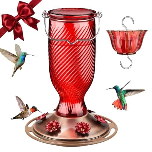 Kingsyard Glass Hummingbird Feeders for Outdoors, 24 oz Hummingbird Nectar Feeder for Garden Decorations with 6 Feeding Ports, Ant Moat Included, Gifts for Women Mom, Easy to Clean & Refill, Red