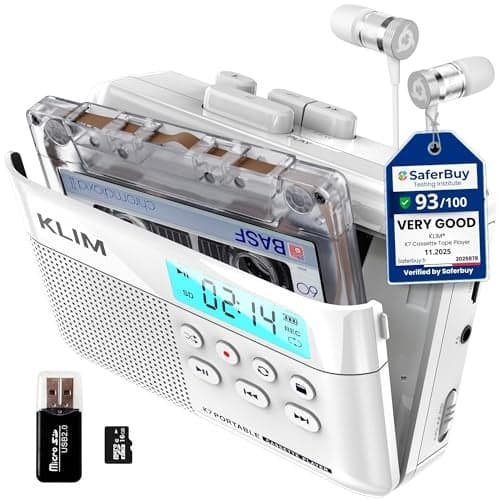 KLIM K7 Cassette Tape Player Cassette to MP3 Converter Portable Builtin Microphone Speaker Rechargeable Battery Earphones 16GB SD Card White