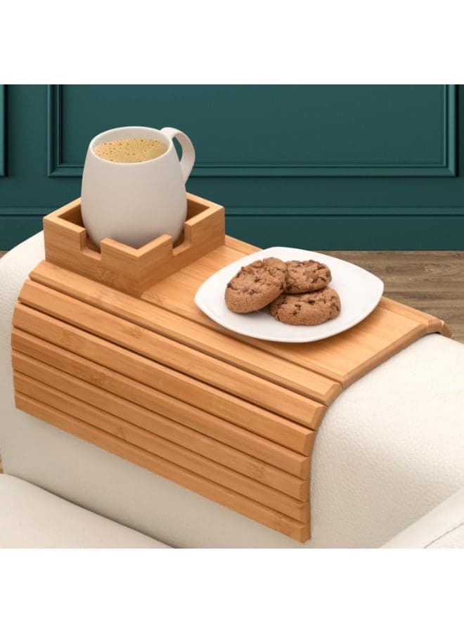 Bamboo Wood Couch Armrest Tray , Detachable 2-in-1 With Base Organizer, Folding Snack Plate, Sofa Arm Table With Cup Holder For Drinks And Snacks, Compatible With Recliner Loveseat , Brown , 41.5*34 cm