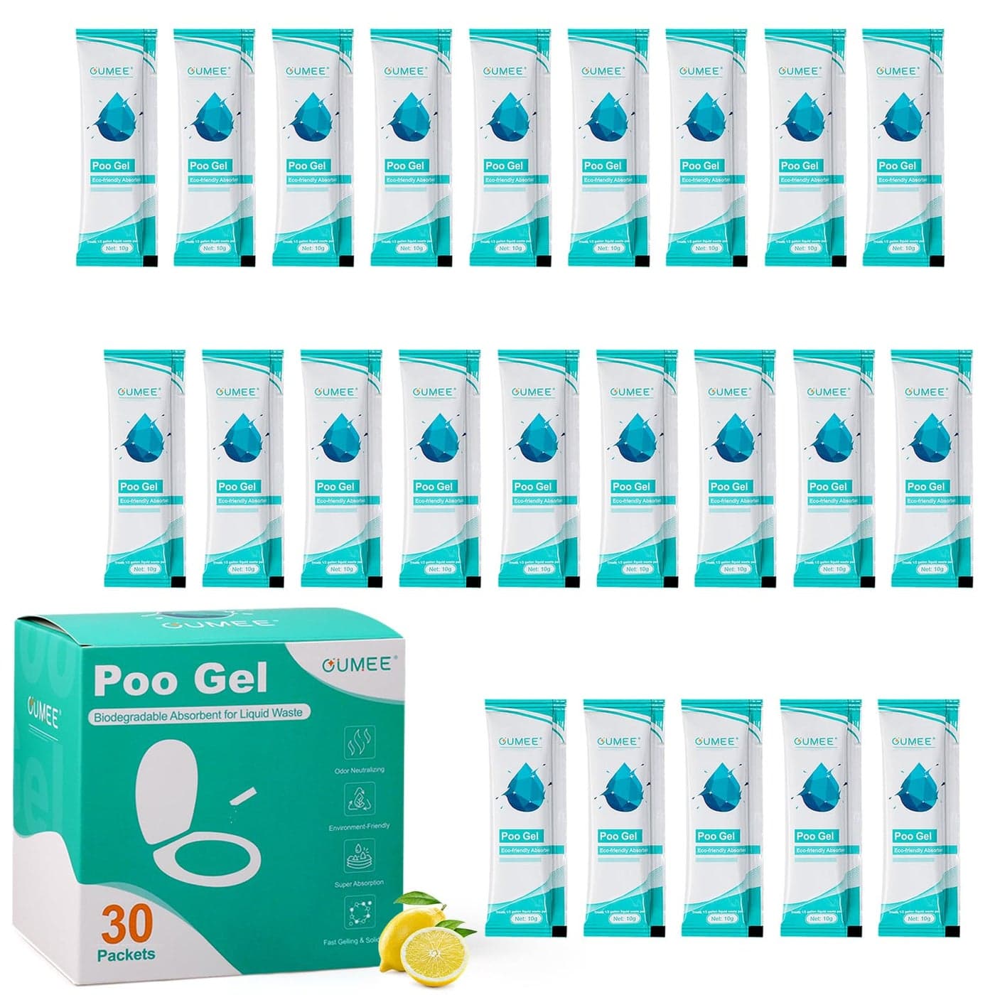 OUMEE 30 PACK Poo Gel for Portable Toilet Camping Toilet Powder for Potty Bags Eco Absorbent Gel Portable Toilet Gel Packets for Outdoor Recreation Camping Supplies 30
