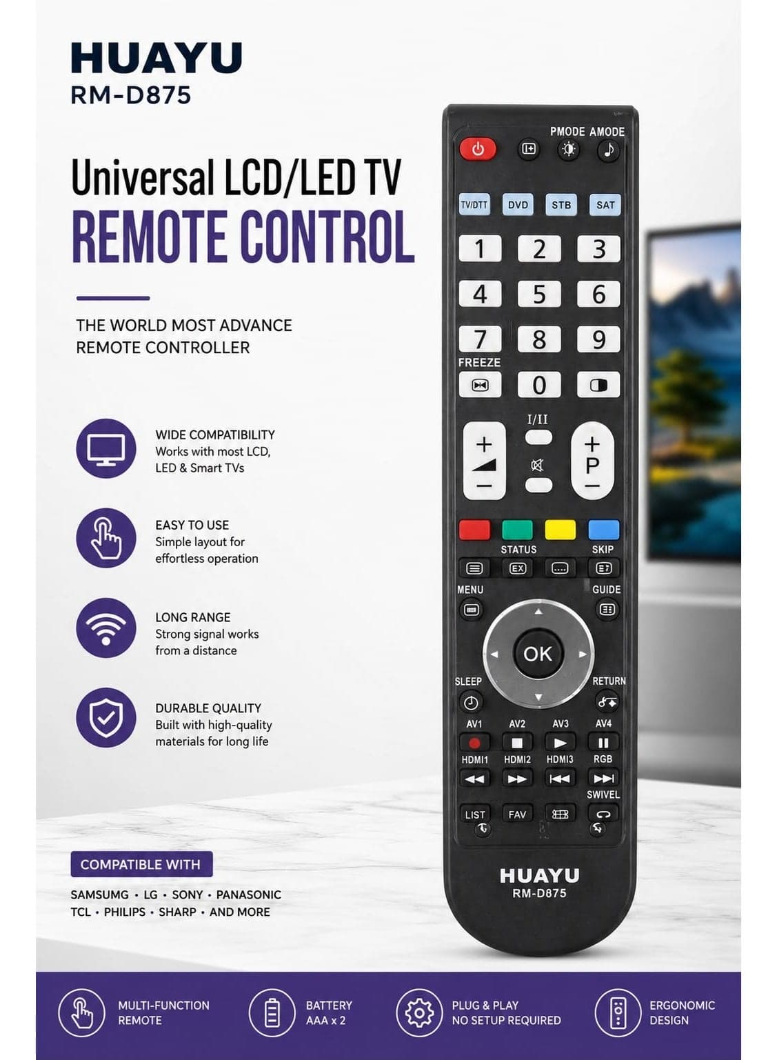 Universal Remote for HITACHI HUAYU RM-D875 LCD/LED TV Remote Control | Plug & Play | No Setup Required