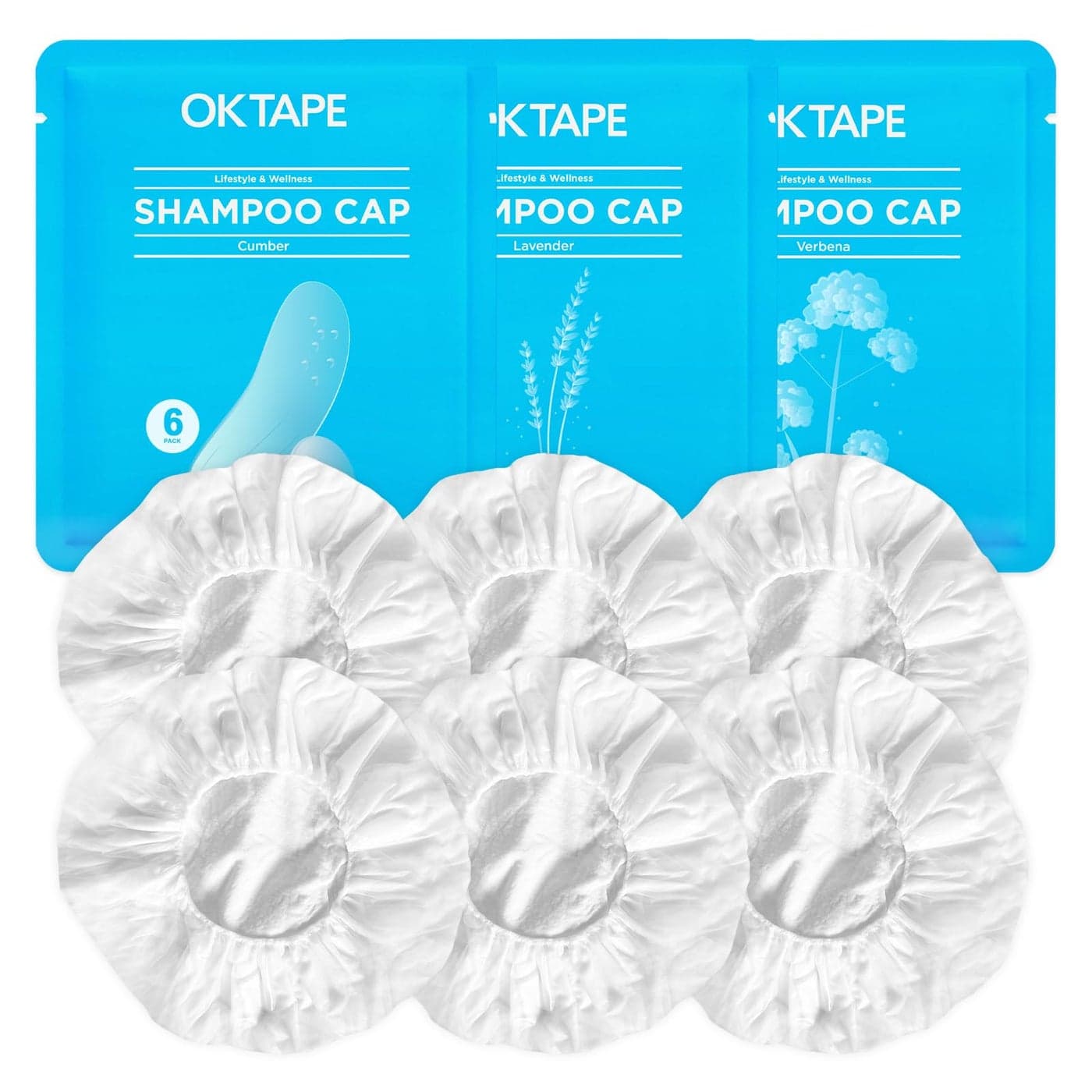 OK TAPE No Water Shampoo Caps 6 Pack 3 Scents Rinse Free Shower Cap for Elderly After Surgery Camping Shampoo and Conditioner Hair Wash Cap Lavender Verbena and Cucumber Scents