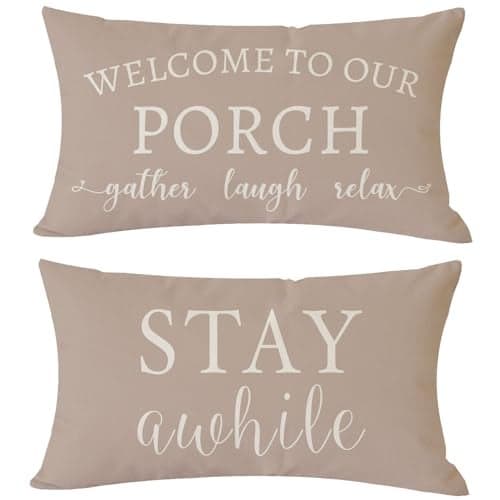 PANDICORN Welcome to Our Porch Stay Awhile Beige Outdoor Farmhouse Lumbar Decorative Throw Pillow Covers 12x20 Inch Set of 2 Cozy Relax Porch Patio Decorations Cushion Cases for Home Couch Bench Decor