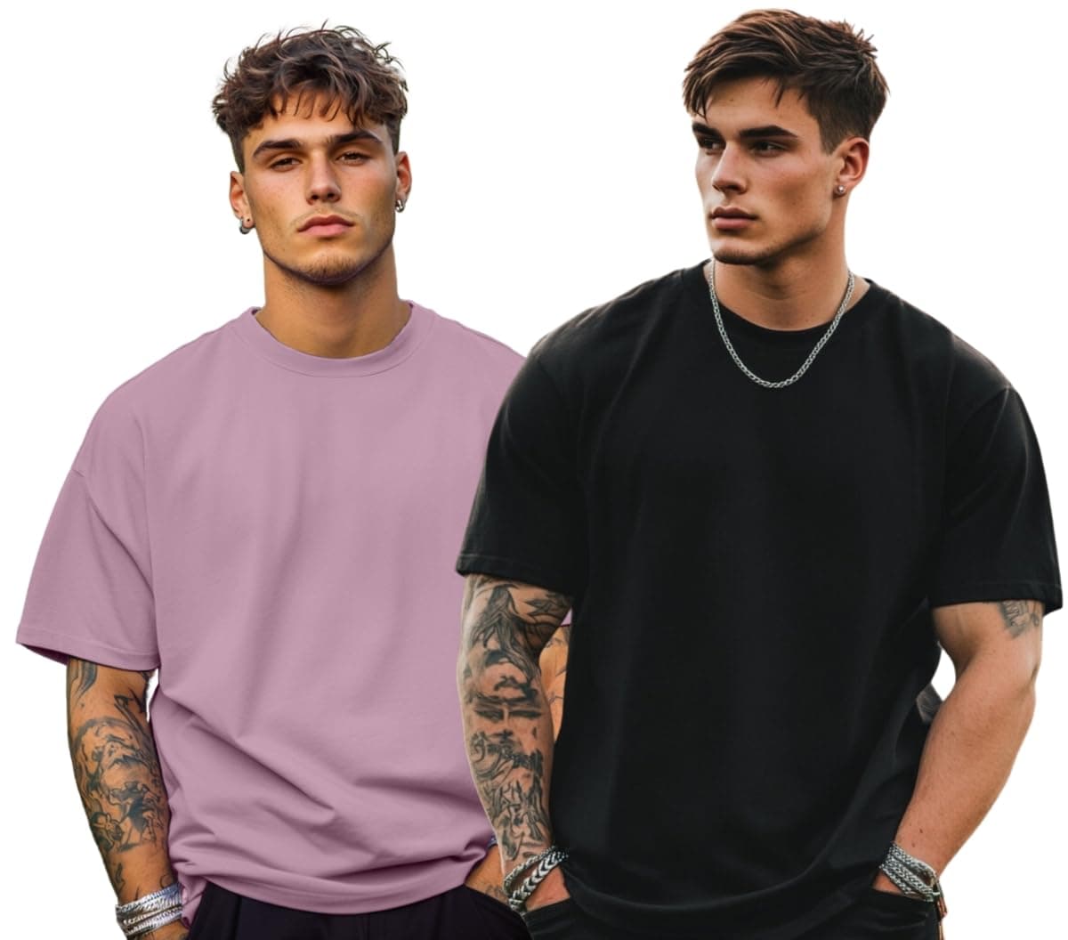 Veirdo® Lilac & Black Oversized Baggy Fit Drop Shoulder Half Sleeves Round Neck Solid Pure Cotton T-Shirt for Men (PO2_OS_100_LL_BK_S)