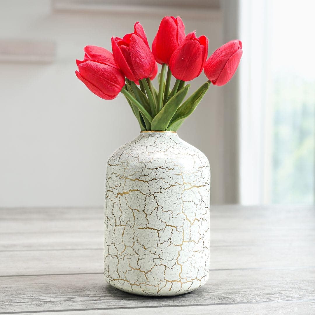BEHOMA Metal Flower Vase For Home Decor Bedroom Living Room Office Wedding Table Decorative Item For Festivals Birthday OffWhite Crackled 1Pcs105 X 157 Cm Flower Not Included Modern