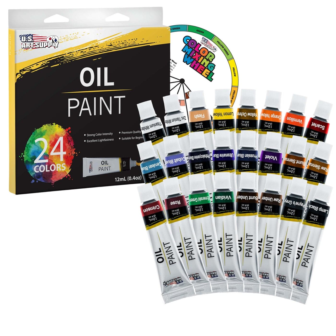 US Art Supply 24 Color Oil Paint Set 12ml Tubes With Vibrant Colors for Artists of All Levels Blendable LongLasting Paints With Smooth Consistency for Canvas Wood and Other Art Surfaces