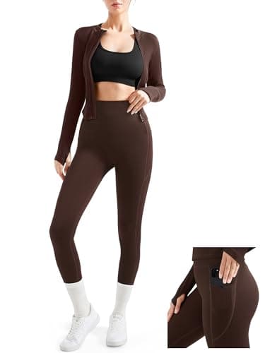 SUUKSESS Women 2 Piece Seamless Ribbed Workout Sets With High Waisted Pocket Leggings Zip Up Jacket Tracksuit(Brown 2,S)
