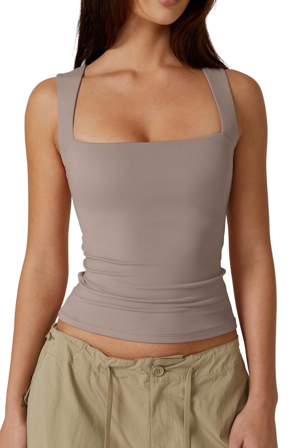QINSEN Women's Summer Tank Tops Square Neck Sleeveless Slim Fitted Going Out Shirts Warm Taupe M
