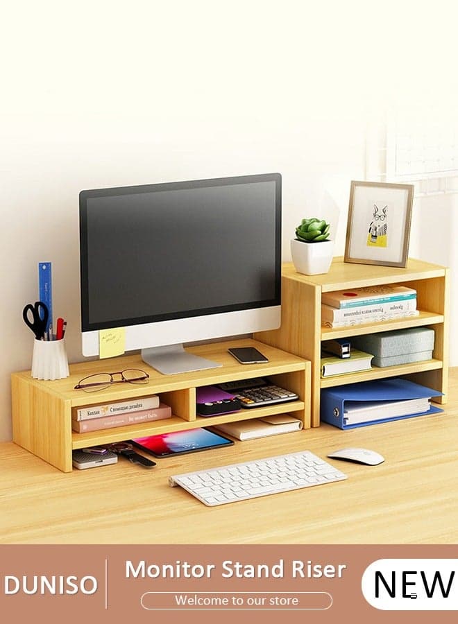 Monitor Stand Riser Set,2-Tier Monitor Stand with 3-Layer Desktop Storage Shelf,Ergonomic Height Laptop Riser,Stable Wooden Screen Shelf,Desktop Shelf for Office,Home