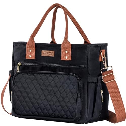 Large Women Lunch Bags for Work Insulated/Insulated Adult Lunch Box for Women/Durable Nylon Thermal cooler Bag /Leakproof Cooler Tote Bag with Storage Pocket(Newly upgraded Noir Black Brown strap)