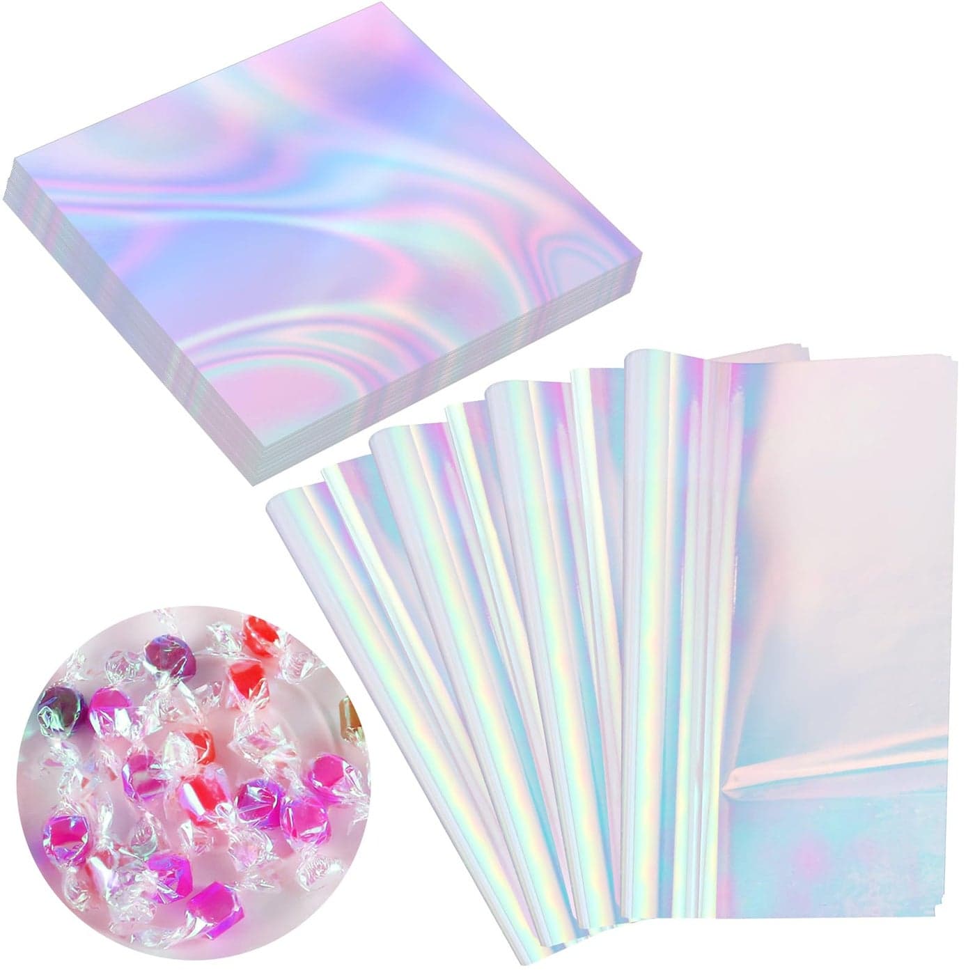 Prudiut 150 Pieces Cellophane Sheets Iridescent Cellophane Wrap Cellophane Gift Wrap for Iridescent Film Crafts Decoration Holographic Candy Wraps 9 x 9 Inch