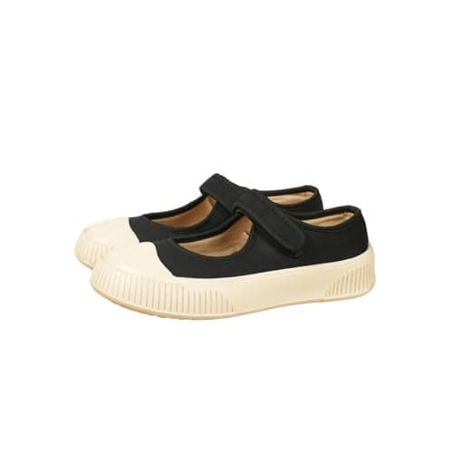 Theater Jiro Black Women's Mary Jane Canvas Flats | Slip-On Round-Toe Shoes with Adjustable Strap | Comfortable & Lightweight | Formal & Casual Wear