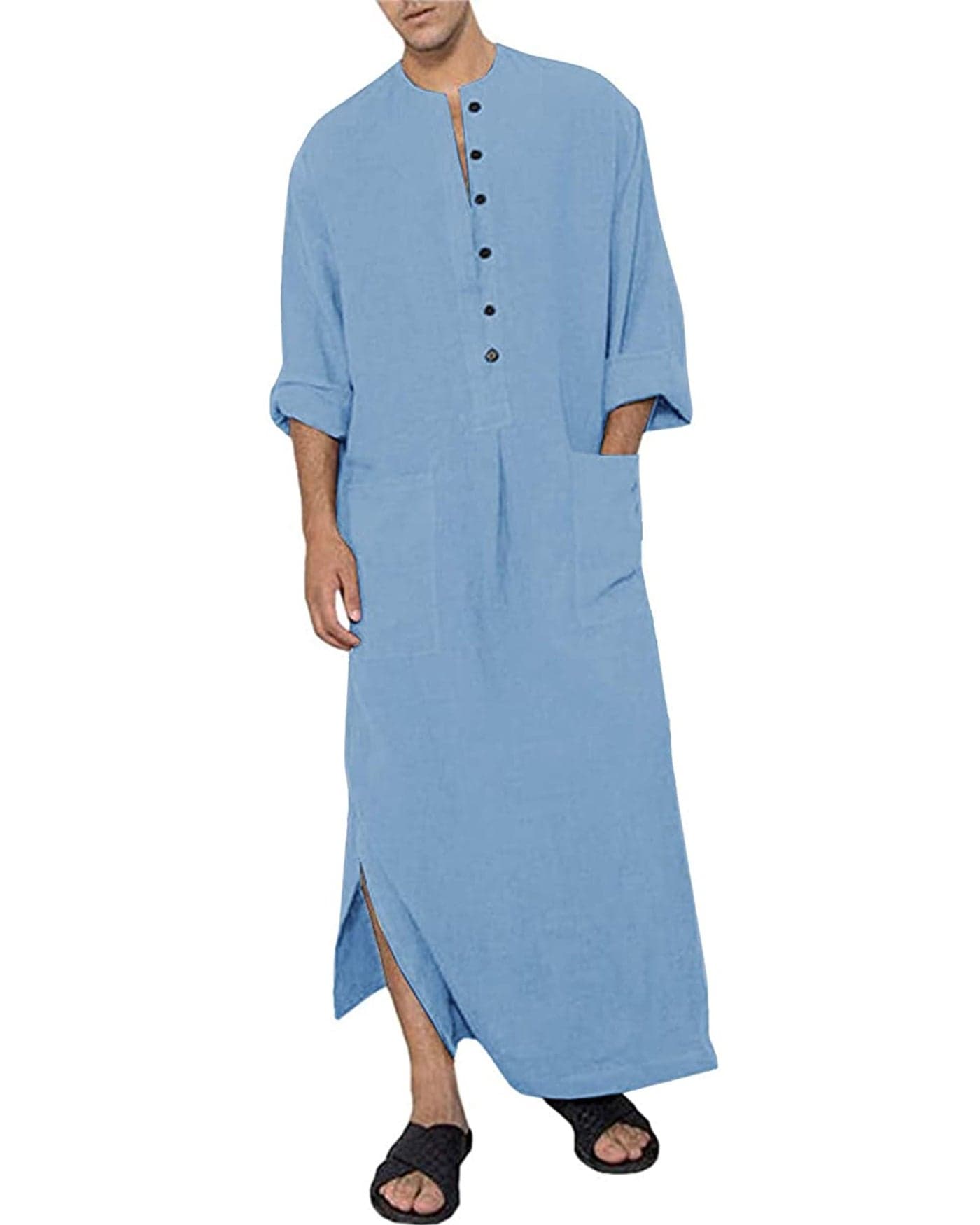 YAOHUOLE Islamic Thobe for Men Button down Mens Caftans Loungewear Muslim Robe Men Blue M