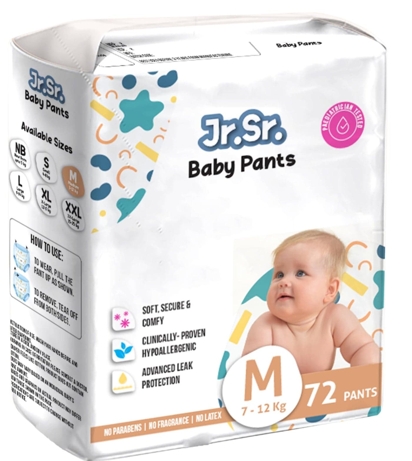 Jr. Sr. Baby Diaper Pants | Medium (M) Size (7-12 kg), 72 Count | Pack of 1 | Upto 12 hr Absorption with Advanced Leak Protection | Safe For Babies Skin | Soft, Secure & Comfy