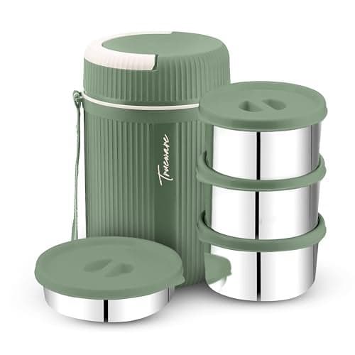 Trueware Plastic Grub 4 Double Wall Insulated Hot Lunch Box With 3 Ss Container 300 Ml Each & 1 Ss Container 200Ml | Bpa Free | Food Grade | Hot And Fresh Many Hours (Extra Large, Green)