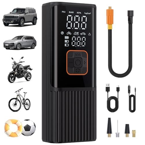 Tire Inflator Portable Air Compressor, 6X Faster 180 PSI Portable Air Compressor, Air Pump with Pressure Gauge - Portable Tire Inflator for Car Tires, Motor, Bicycle, Balls and More Black