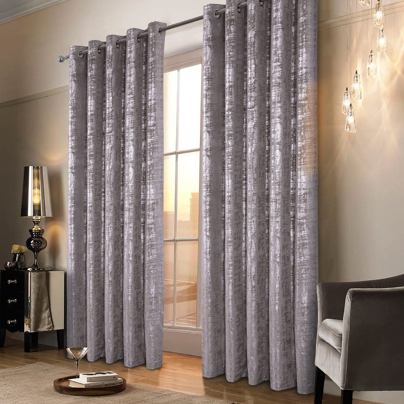 always4u Champagne Soft Velvet Curtains 95 Inch Length Luxury Bedroom Curtains Silver Foil Print Window Treatments for Living Room Bedroom Set of 2