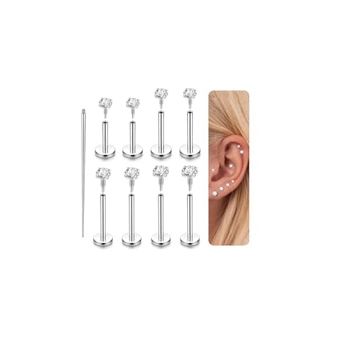 LOLIAS Silver Internally Threaded Piercing Jewelry for Cartilage Helix Tragus Nose - 18G Lip Medusa Piercing Studs - Hypoallergenic 316L Stainless Steel Flat Back Earrings Studs