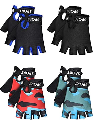 SATINIOR 4-Pairs Kids Bike Gloves, Fingerless Non-Slip Cycling Gloves with Adjustable Strap, Breathable Half-Finger Sport Glove for Boys & Girls, for Biking Season(7-10 Years, Mixed Style)
