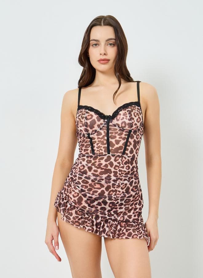 Animal Print Corset Underwired Ruffle Slip and Brief