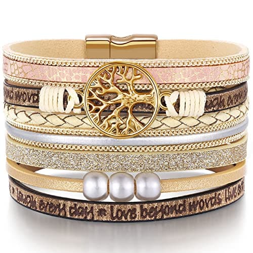Desimtion Inspirational Gifts, Tree of Life Leather Bracelets for Women, Trendy Stuff for Teen Girls, Christmas Birthday Gifts for Women Girls Mom - Bohemian Boho Jewelry Beige