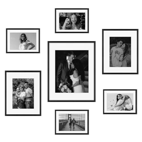 Frametory, Black Aluminum Picture Frame with Removable Mat - Set of 7 Includes Four 5x7, Two 8x10, One 11x14 - Real Glass Front - Simple Gallery Wall Frames for Art Prints and Posters
