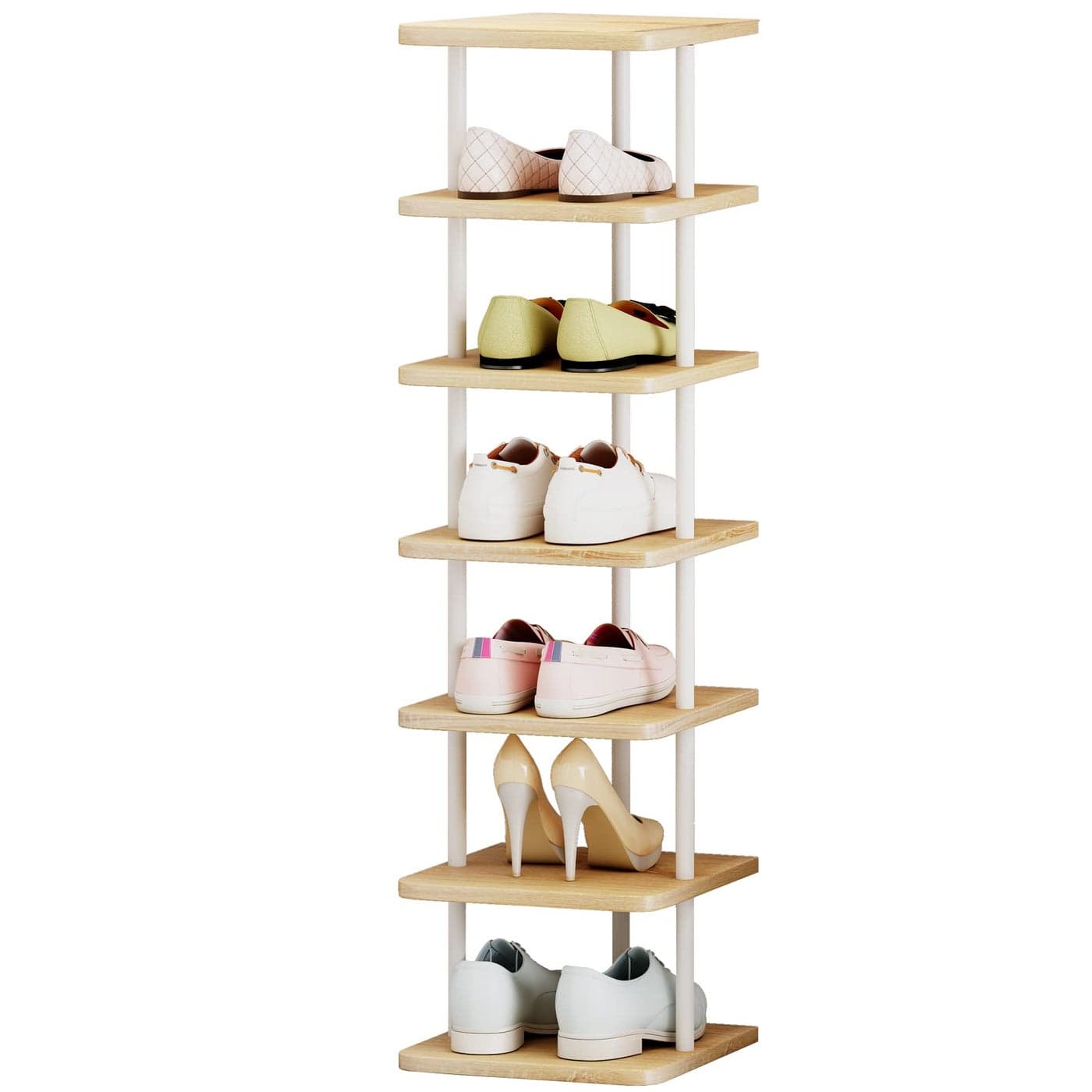 AZERPIAN Shoe Rack 7 Tier Vertical Storage Organizer Narrow Metal Slim Shelf Modern Free Standing Shoe Tower Saving Space for Closet Entryway BedroomWhite