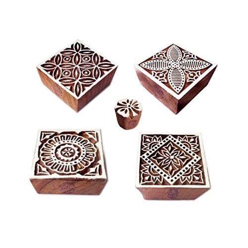 Fabric Print Stamps Crafty Square Floral Shape Wooden Blocks Set of 5 Htag1855