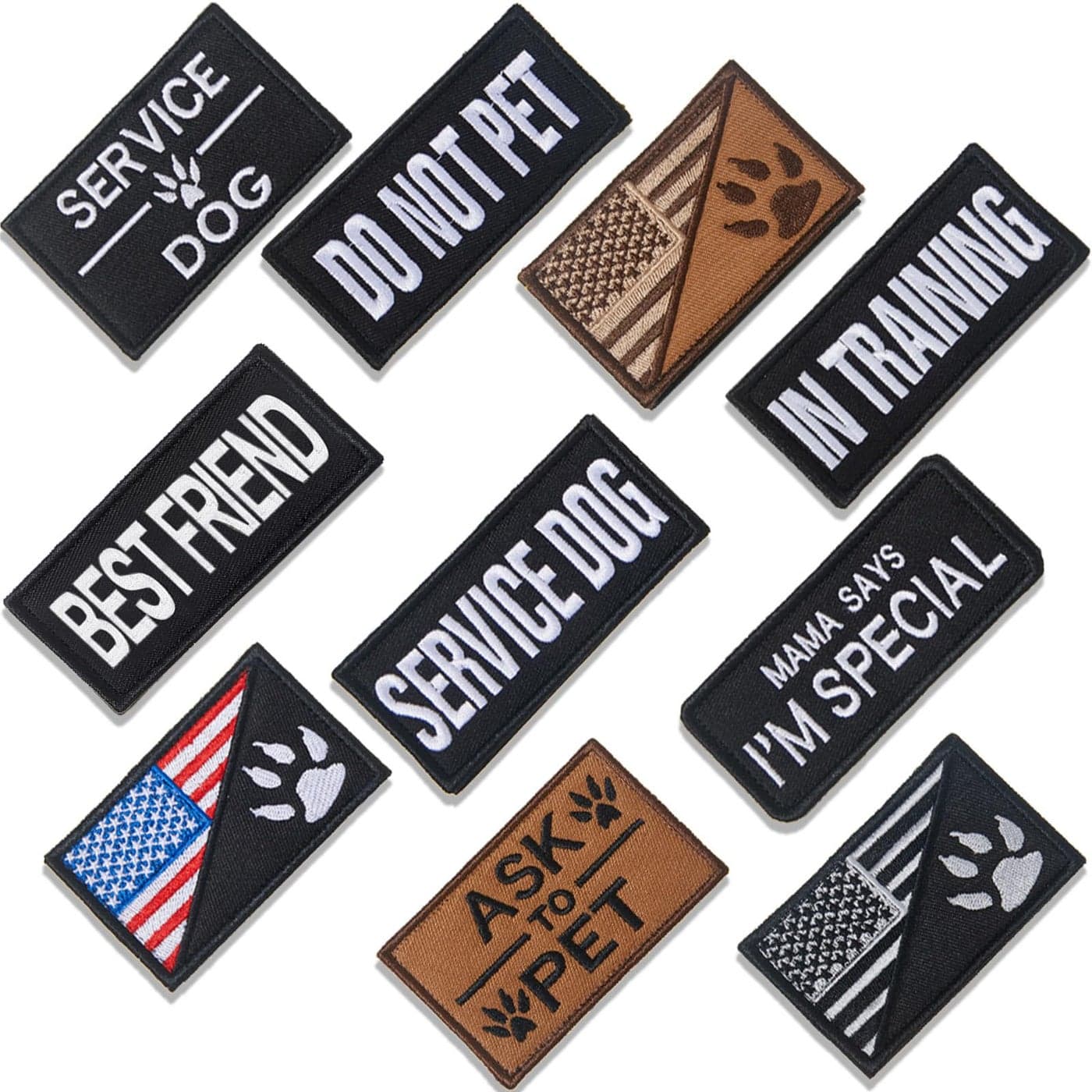 10 Pieces Service Dog Patches Ask to Do Not Pet Patch Vest Removable Tactical Pet in Training Hook and Loop Harness American Flag Patch Set Delicate Style