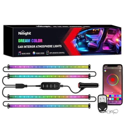 Nilight 4PCS Interior Car Strip Lights Cigarette Lighter Dream Color RGBIC 12V DC with App Remote Control Multicolor Under Car Dash Lighting 2 Lines Design Music Sync Mode for Cars Truck ATV UTV