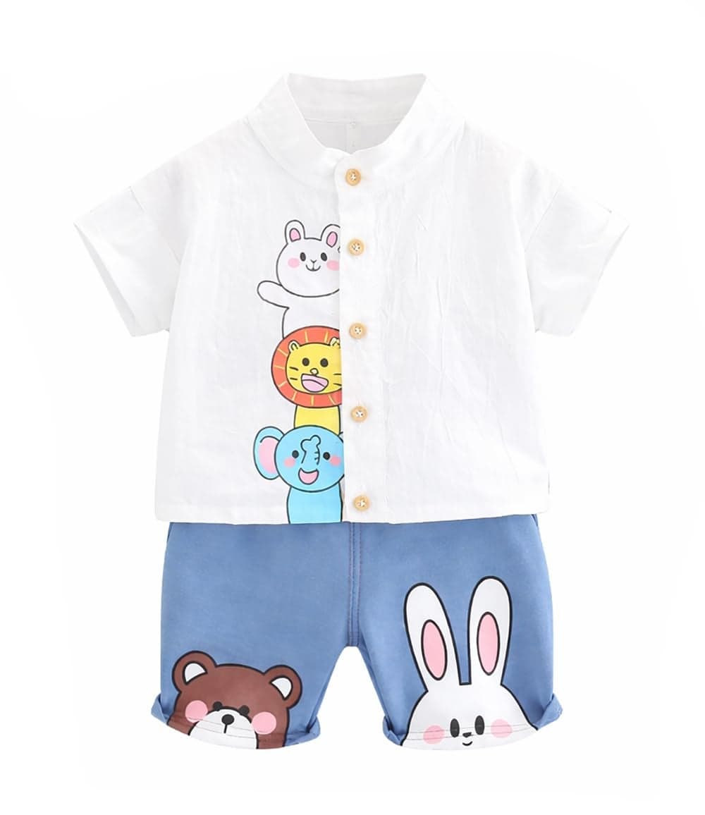 Bold N Elegant Boys Cotton Solid Jungle Friends Half Sleeve Shirt & Denim Shorts Toddler Tween (2-3 Years, White)