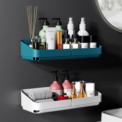 MorivaHomes Self-Adhesive Bathroom Storage Wall Mounted Organiser Holder Shelf Rack/Accessories (White & Dark Green, Pack of 2)