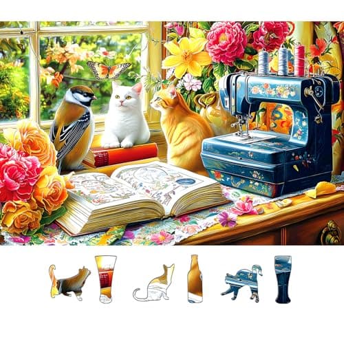Blueforest 500 Piece Puzzle for Adults Cozy Sewing Room Jigsaw Puzzle Cats Birds Vintage Sewing Machine 23x15 Inch Unique Shaped Pieces Art Puzzle Hard Difficult Challenging Fun Puzzles