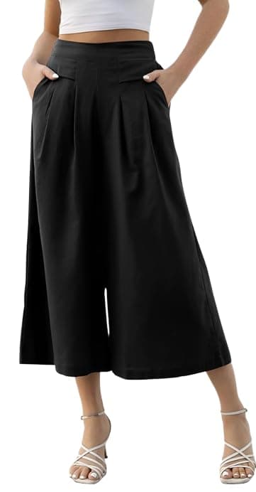 OOMPH! Cotton Linen Palazzo Pant for Women | Women's High Rise High Waist Trousers Flowy Wide Leg Plazzo Pant Trouser with Pocket | Plazo Pant for Woman Black