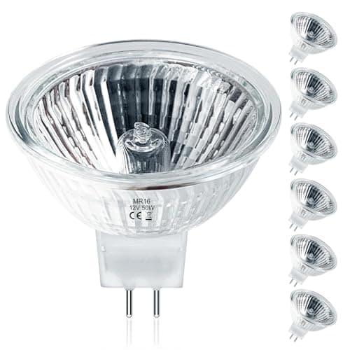 Jaenmsa MR16 Halogen Bulbs 50W,6 Pack 12V 50W MR16 Light Halogen Bulbs 2 Pin GU5.3 Base Dimmable with Clear Glass Cover,High Output 2700K Warm White mr16 Light Bulb for Landscape Lights, Track Lights