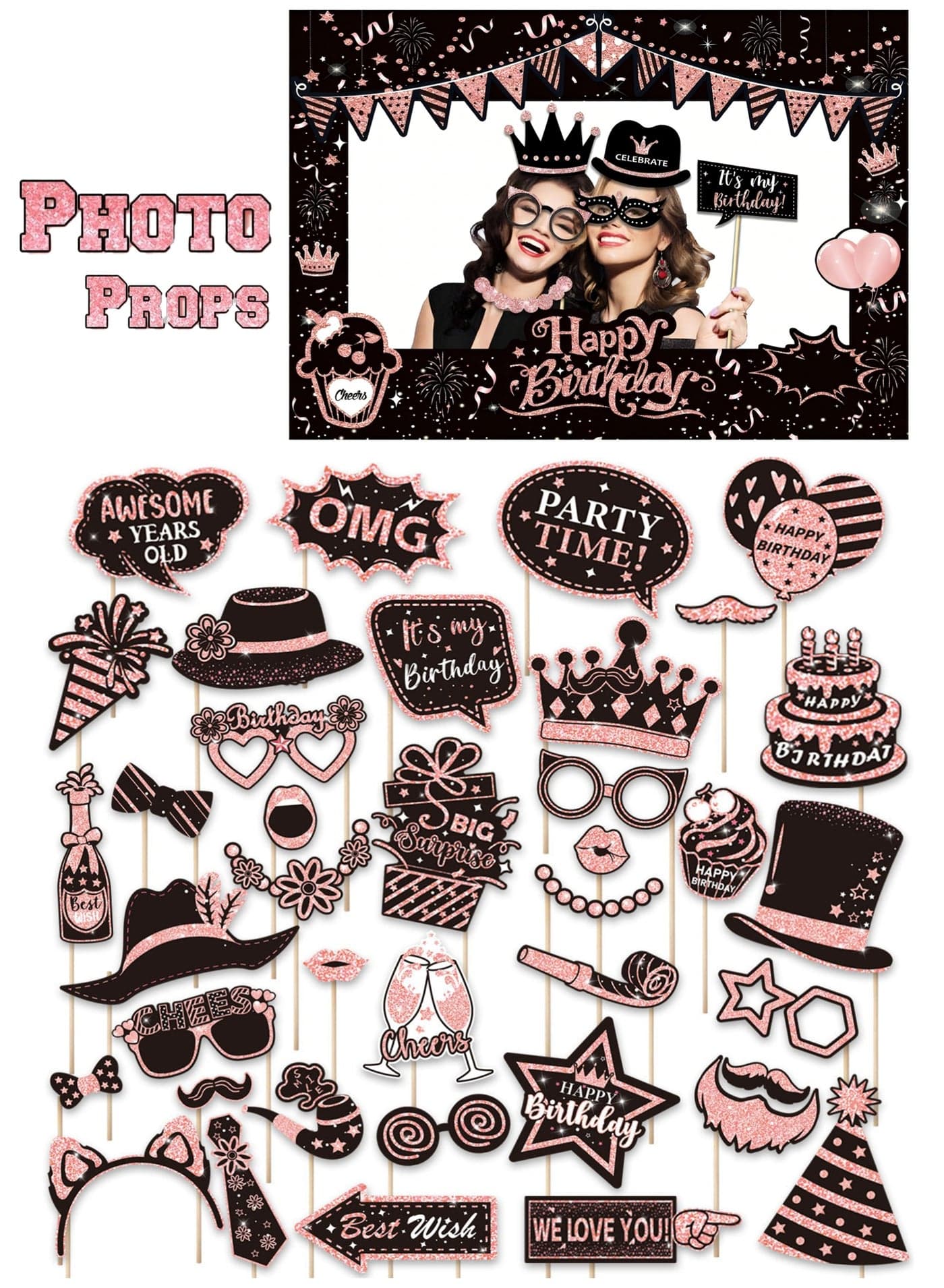 39 Pcs Birthday Photo Booth Props Kit Happy Birthday Graduation Wedding Party Favors Supplies Bday Party Decor Photobooth Funny Cute Holiday Selfie Supplies(Rose Gold and Black)