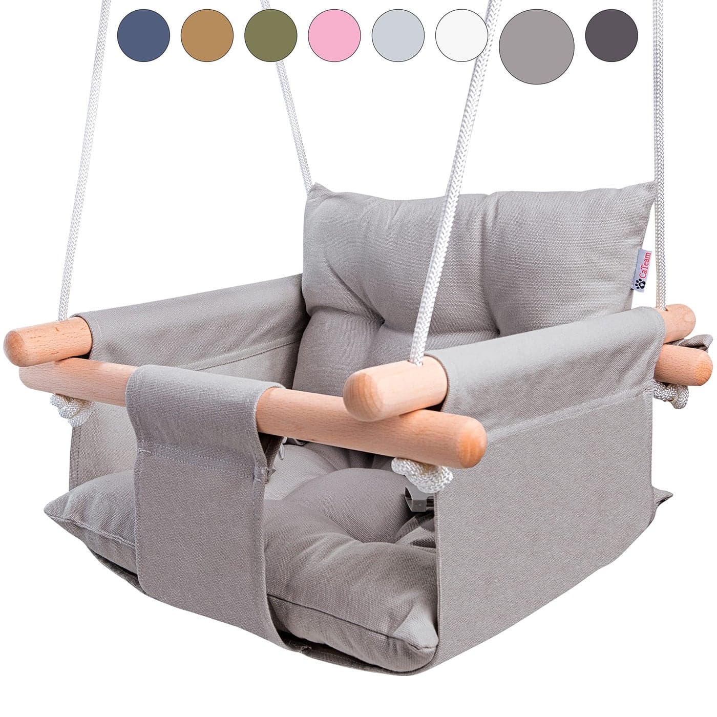 CaTeam Canvas Baby Swing Wooden Hanging Swing Seat Chair with Safety Belt Durable Baby Swing Chair Outdoor and Indoor Swing for Kids Mounting Hardware Included Taupe Gray