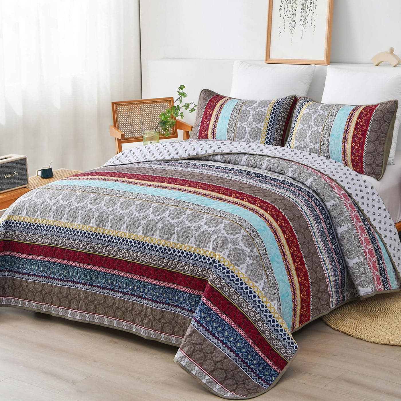 WONGS BEDDING Boho Quilt Set Queen Size Brown Bohemian 3 Pieces Quilt Bedding Sets Lightweight Microfiber Bedspread Coverlet Set for All Season 96x90