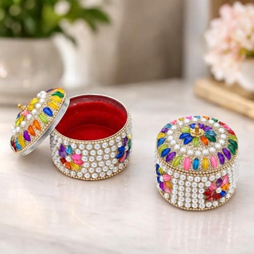 Craftam Pearl And Silver Stone Jewelry Box, Decorative Jewellery Dabbi Organizer for Rings, Earrings, Trinkets,Decorative Gift Box for Women (7×7×6 cm, Pack of 2)