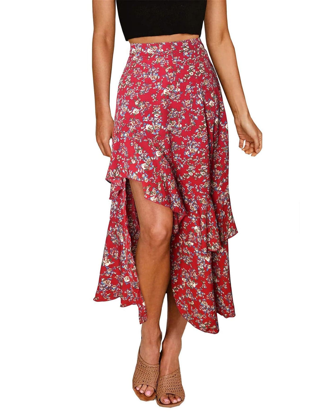 BTFBM Women 2025 Summer Spring Boho Long Skirts Dress Floral Print Elastic Waist Split Ruffle High Low Beach Maxi Skirt(Print Floral Red, Large)
