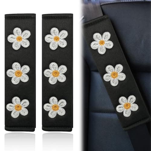 KPFILEH 2PCS Daisy Flower Car Seat Belt Cover Pads Soft Breathable Auto Seat Shoulder Strap Pad Comfortable Seatbelt Cushion Protect Neck Vehicle Interior Decoration for Cars TrucksWhite