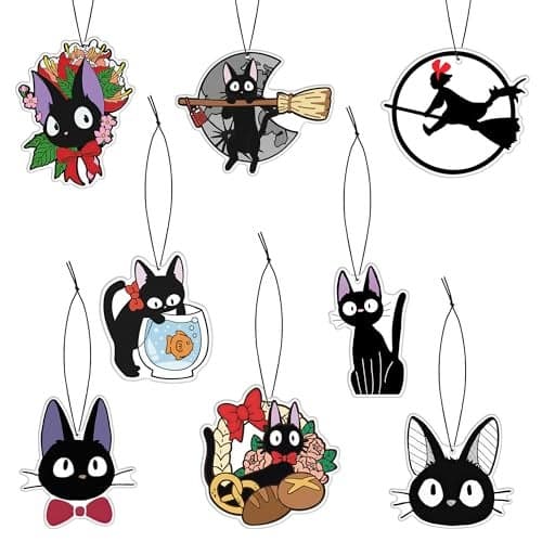 Pounchi Cute Black Cat Car Air Freshener Cards 8 Pack Refreshing Ice Scent Anime Accessories for Car Interior Hanging Gift Rearview Pendant Supplies