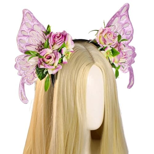 MOSTORY Purple Fairy Wings Headband Butterfly Flower Headband Woodland Headpiece Floral Hairband for Princess Fairy Costume Women Renaissance Ren Faire Halloween Elf Cosplay Photo Shoot